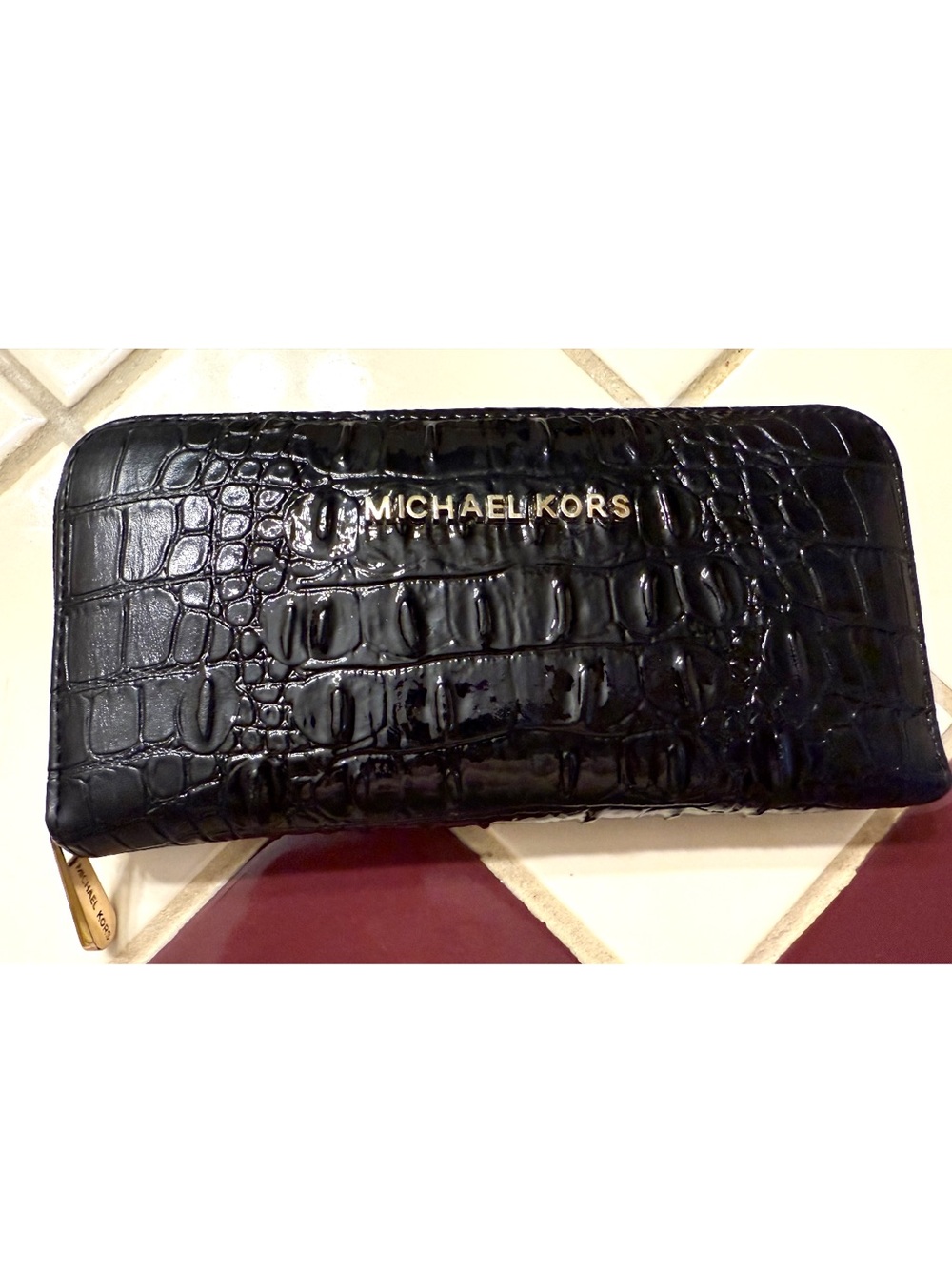 Michael Kors Black Croc-Embossed Continental Zip Wallet with Gold Logo